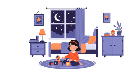 Obraz premium Adobe Illustrator artwork vector illustration of a cozy child’s bedroom at night, with moonlit window, toys, books, and warm decor—ideal for parenting, playtime, and lifestyle themes