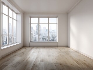 Fototapeta premium Empty Room with City View and Hardwood Floors