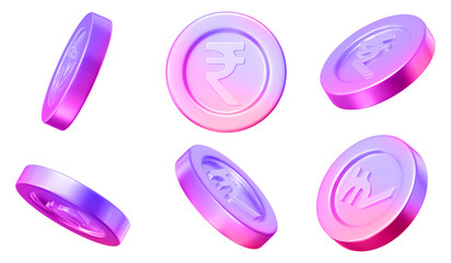 3D set neon coins of Indian rupees with different angles. Y2k style. Stock vector illustration on isolated background.	