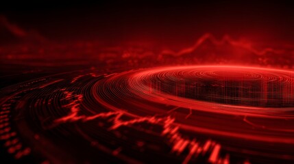 Abstract red circular design with glowing lines and data.