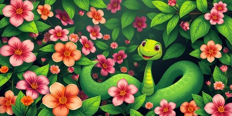 Whimsical cartoon green snake amidst blooming flowers and lush leaves,  background,  summer