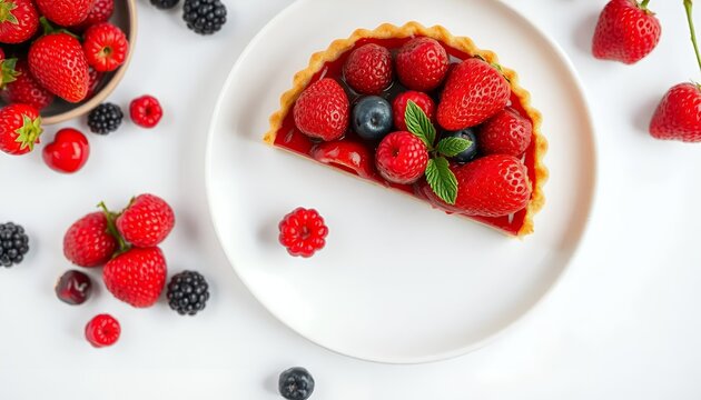 Delicious slice of fresh berry tart topped with strawberries raspberries and blueberries