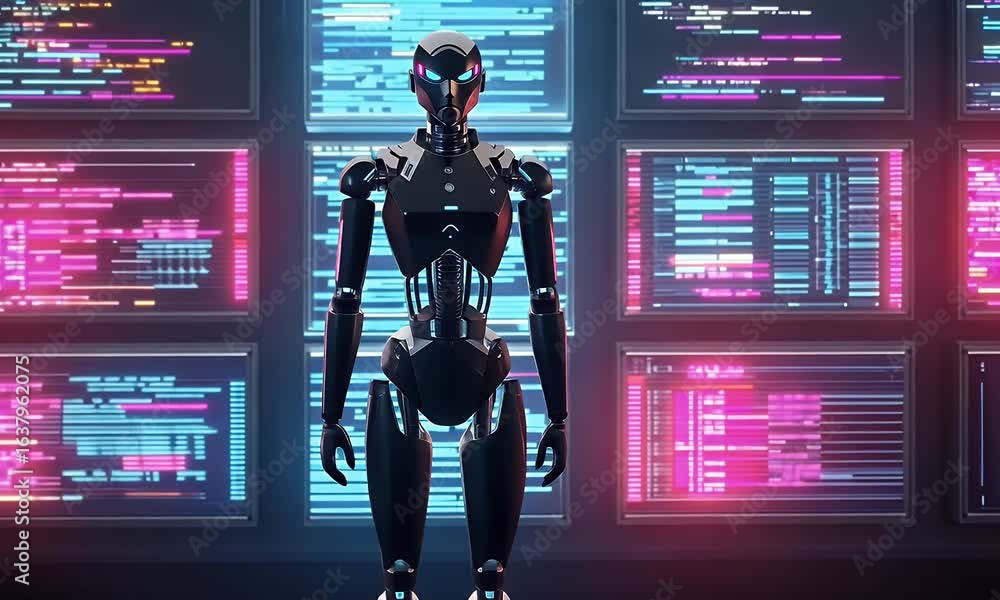 Aufkleber digital humanoid robot, digital data center background with glowing lights and holograms