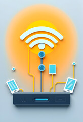 Illustration of wifi icon with electronic connections, flat papercut style, with white tones