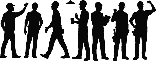 Silhouettes of construction workers standing, walking, gesturing, wearing hard hats, safety gear, teamwork, industry professionals, building site, labor force, workmen in action.