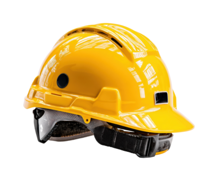 Construction action safety helmet focused in industrial environment, isolated on transparent background, png