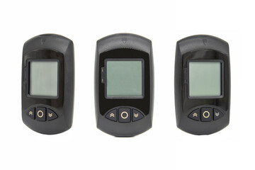 A close-up of a set of black glucose meters on a white background.