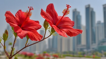 Fototapeta premium Vibrant red hibiscus flower in front of city buildings.