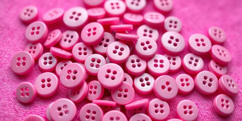 Close-up of numerous pink buttons on a pink fabric background, texture, artisan