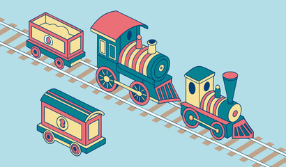 Three Colorful Toy Trains on Blue Background in Minimalist 3D Design