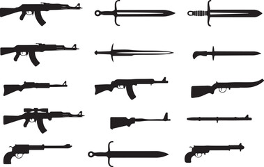 Collection of black silhouette firearms and swords on white background rifle pistol