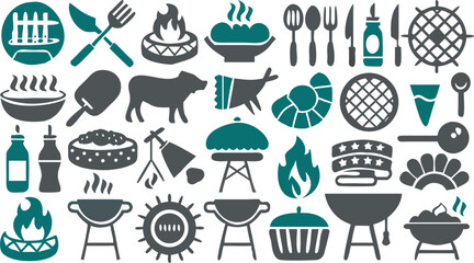 Collection of various grilling and cooking related icons including food and utensils for outdoor cooking