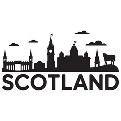 Obraz premium Vector Scotland skyline. Travel Scotland famous landmarks. Business and tourism concept for presentation, banner, web site. Vector black silhouette. with white background.