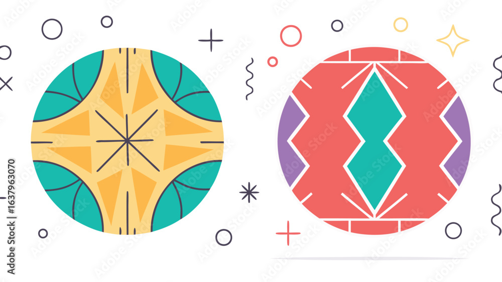 Poster two colorful geometric circles with abstract patterns surrounded by simple shapes on white backgroun