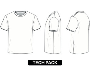 Basic crew neck t-shirt fashion flat sketch. Garment design template for apparel tech pack