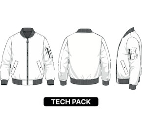 Bomber jacket tech pack vector template. Technical drawing with front, back, and side views.