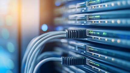 A close up view of a server room with extensive network cables and flashing lights indicating active data transfer