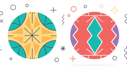 Two colorful geometric circles with abstract patterns surrounded by simple shapes on white background