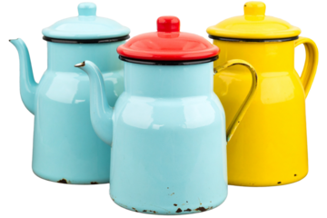 Set of Three Colorful Enamel Coffee Pots with Lids, isolated on a transparent background