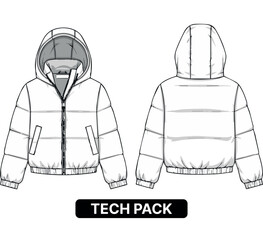 Fashion design technical flat sketch of a hooded puffer jacket with front and back views.