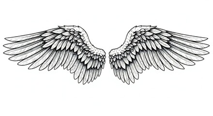 Obraz premium Detailed Angel Wings Illustration on White Background for Graphic Design Elements and Spiritual Themes Representing Freedom and Grace