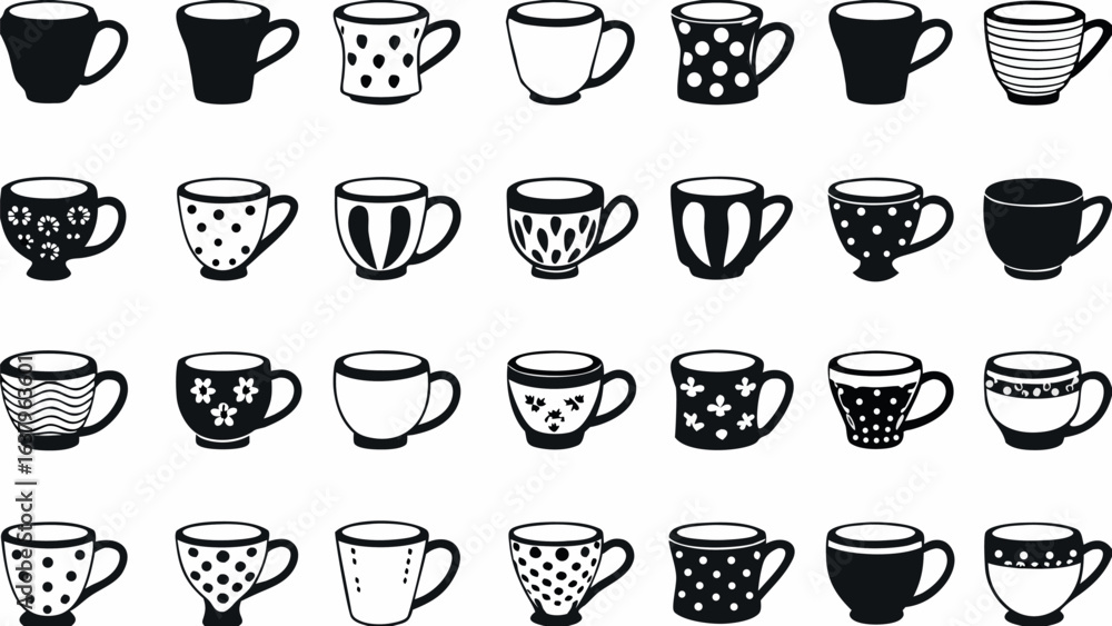 Poster collection of various black and white coffee cups with different patterns and shapes arranged in a g