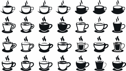 Collection of black and white coffee cups with steam in various styles and orientations shown in a grid