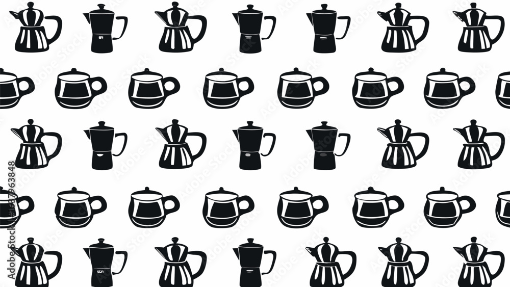 Poster a pattern of black and white coffee pots and mugs arranged in a repeating grid style formation desig