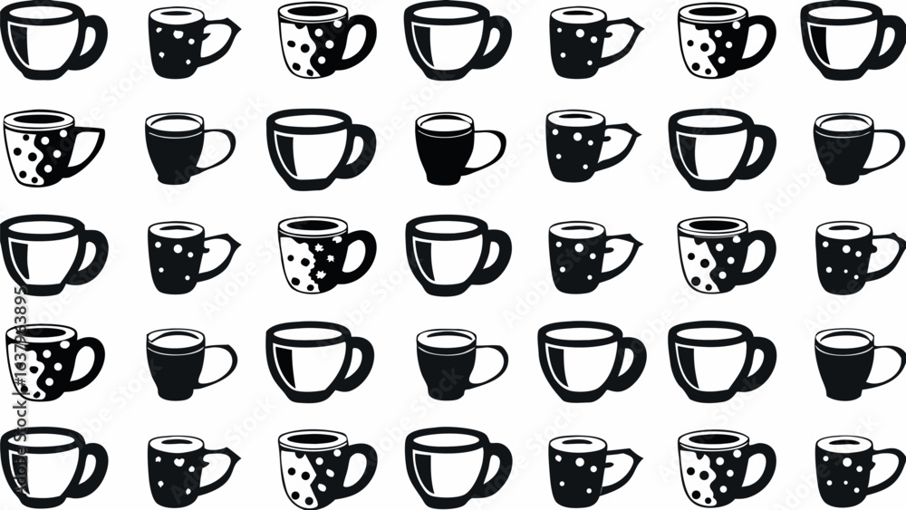 Poster collection of various black and white coffee cups and mugs arranged in a grid pattern design element