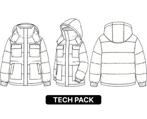 Hooded puffer jacket technical flat sketch for fashion design. Vector apparel tech pack template.