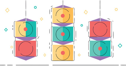 Illustration of three hanging geometric shapes with circles and colorful backgrounds design art