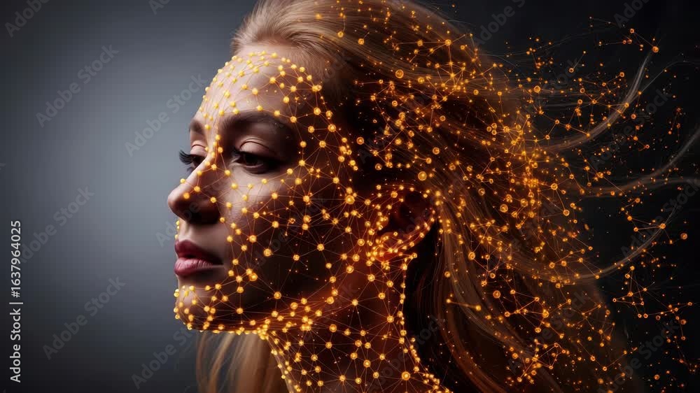 Poster a womans profile is illuminated by a glowing orange network of digital connections, symbolizing adva