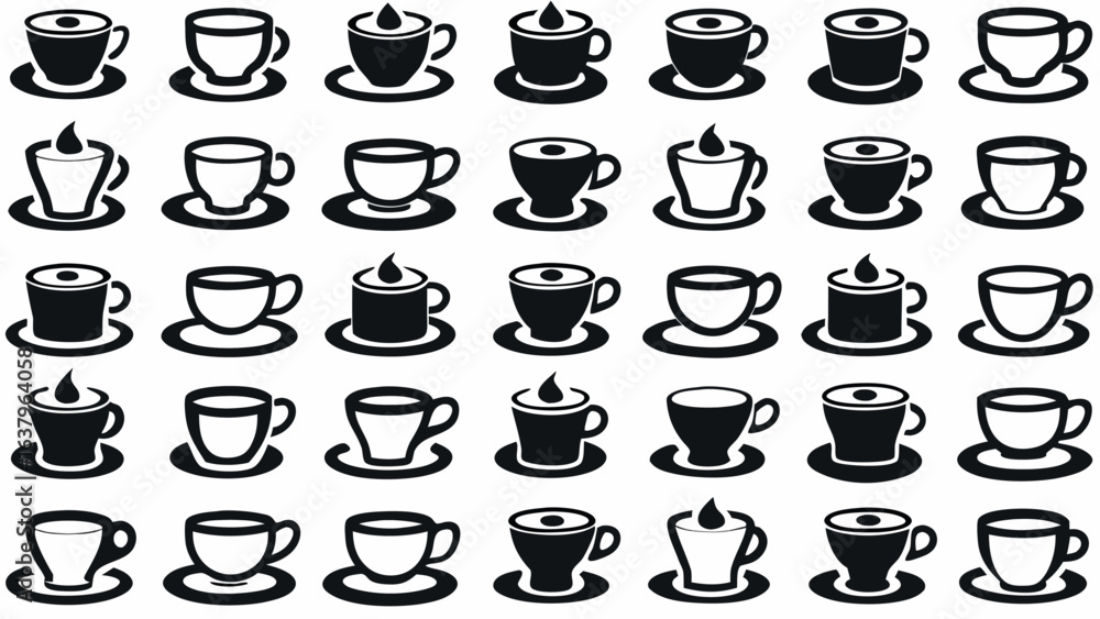 Poster a collection of thirty five coffee cup icons arranged in a grid pattern with varying designs and sty