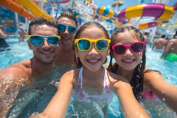 Happy family takes selfie at colorful water park.