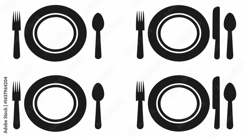 Poster four place settings with plates forks spoons and knives arranged in a symmetrical pattern for dining