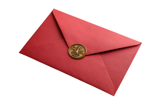 Red envelope with golden wax seal isolated on transparent background
