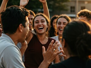 A joyful group of young adults, bathed in golden hour light, laughing heartily outdoors, expressing genuine happiness and camaraderie.