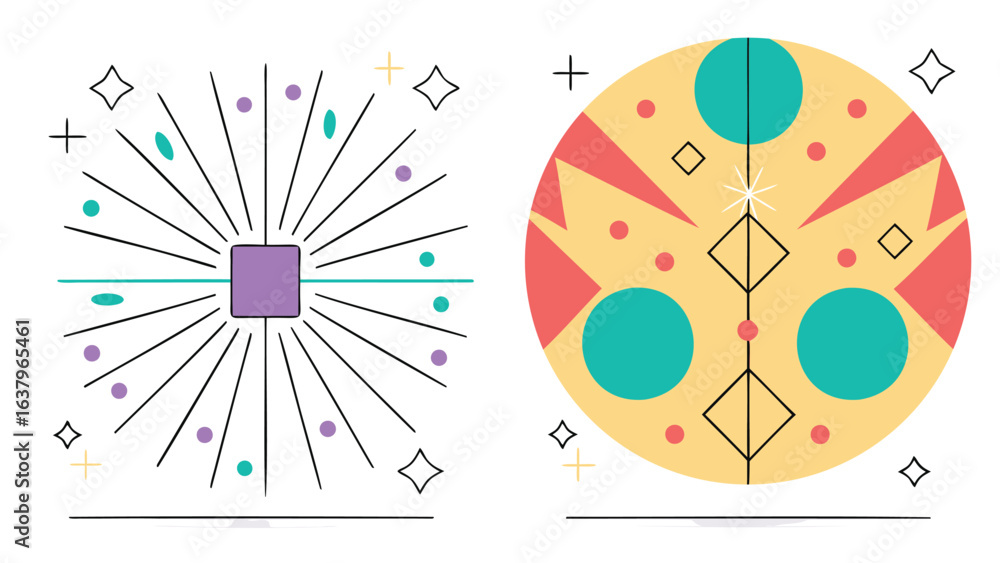 Aufkleber geometric abstract design featuring radiating lines and a circle with shapes and dots design element