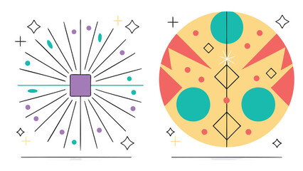 Geometric abstract design featuring radiating lines and a circle with shapes and dots design elements