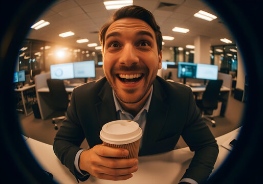 Fish Lens Laughing man holding coffee cup in casual office setting representing joy workplace culture and positive professional environment