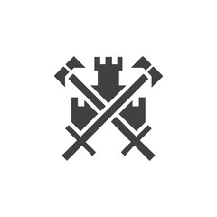 Medieval Castle Tower with Crossed Axes and Swords Emblem fortress