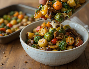 Roasted cherry tomatoes with vegetables served in bowl