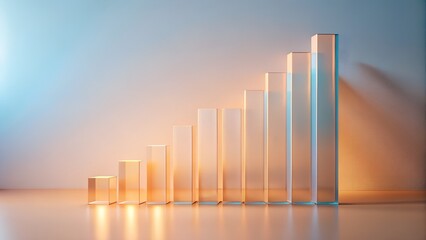 Photo of transparent glass bars showing upward growth trend, symbolizing business success and financial progress with warm and cool lighting