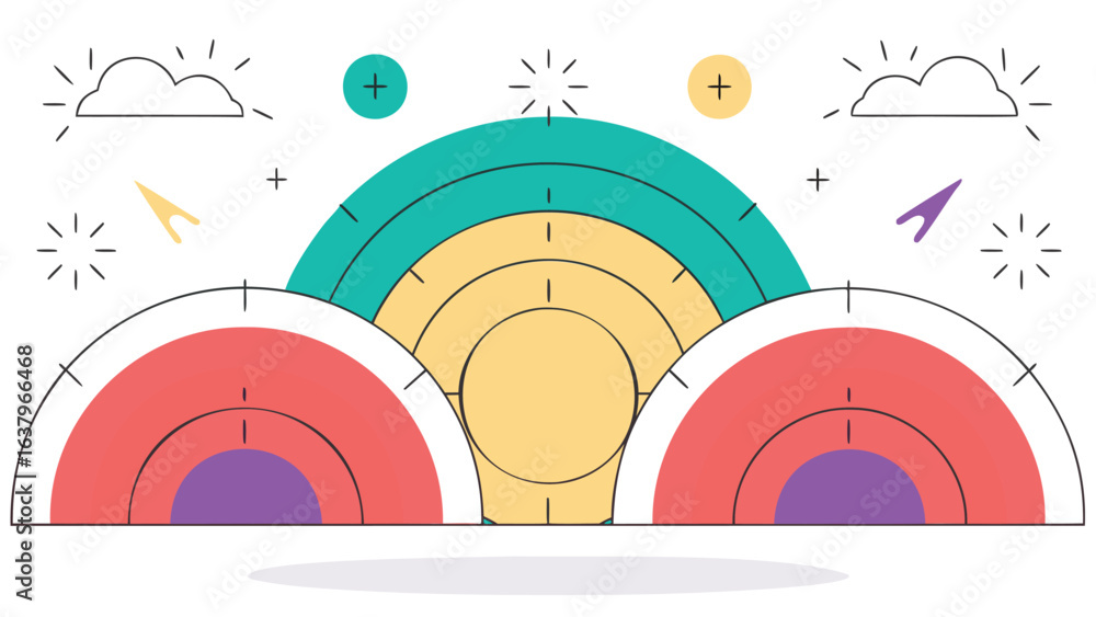 Aufkleber illustration of a colorful segmented rainbow with clouds and plus signs on a white background design
