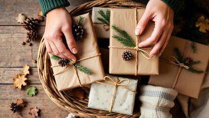 Hands arranging christmas presents decorated with pine cones and twine in a wicker basket on wood