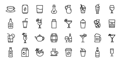 Drinks icon set. Beverages related line icons: wine, cocktail, beer, Juice, coffee, tea, milk, water, champagne, whiskey, martini and more. Editable stroke. Vector illustration.
