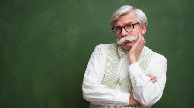 An elderly man stands before a green chalkboard, looking puzzled with his hand on his cheek,