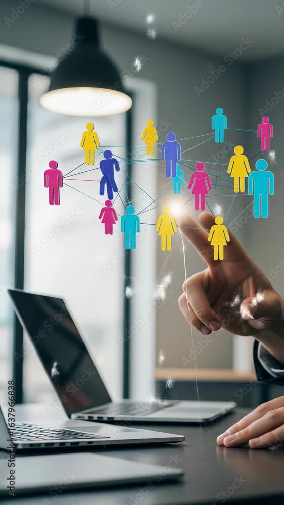 Poster social network connection: a man in a suit uses a touch screen to interact with a virtual, colorful 