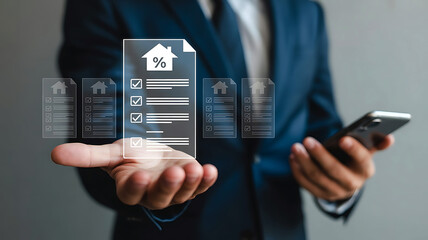 Businessman holding holographic real estate documents and smartphone for property investment and management