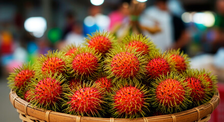 Fototapeta premium Fresh red rambutan fruit with green spiky hair in a basket. Tropical asian fruit for healthy eating and natural diet.